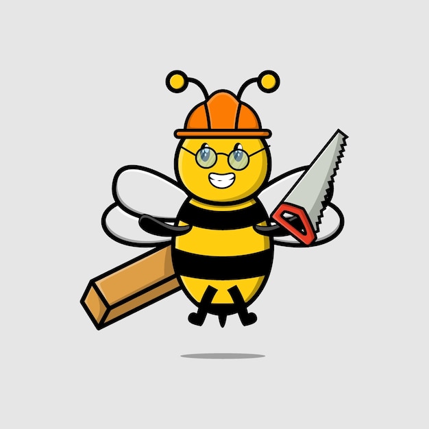 Cute cartoon bee as carpenter character with saw and wood in 3d modern style design