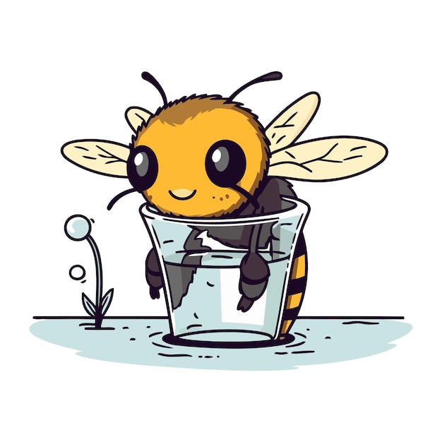 Vector cute cartoon bee in a bucket of water vector illustration