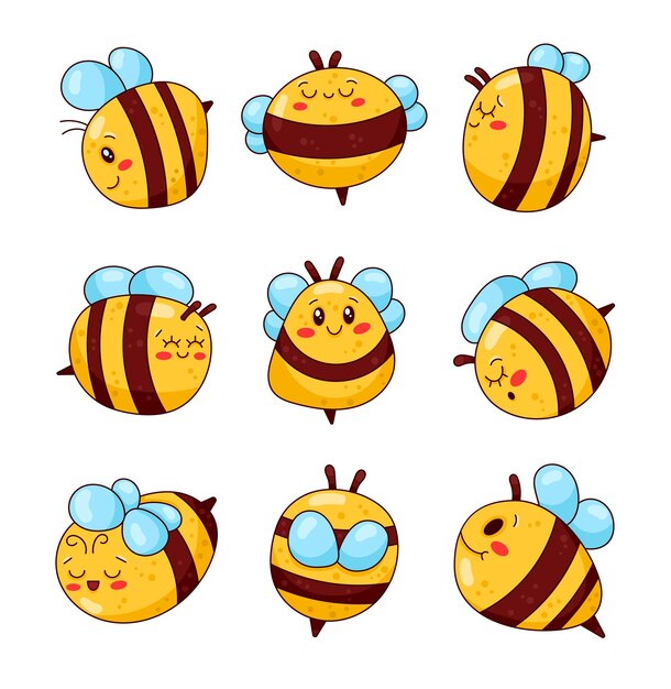 Милые мультфильмы с персонажами пчел honeybee с улыбающимся лицом ручно нарисованный стиль векторного рисунка.