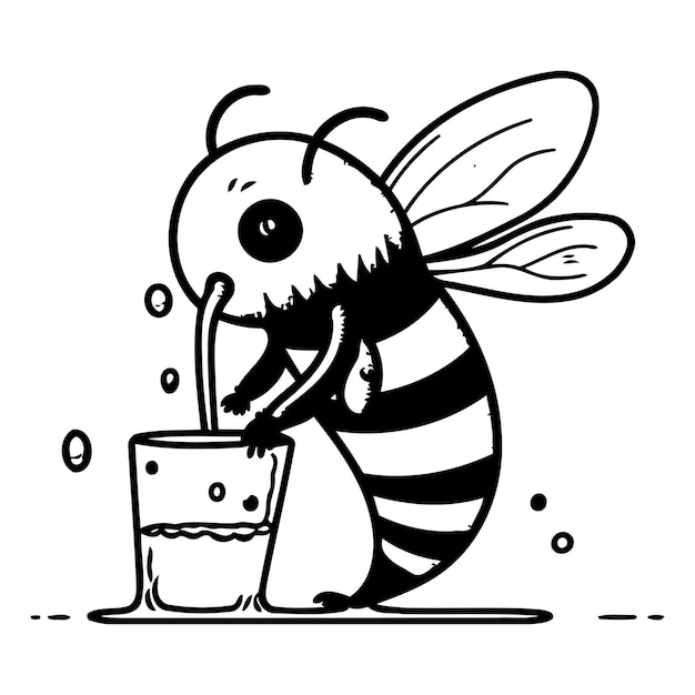Vettore un'ape caricaturistica carina che beve latte da un bicchiere illustrazione vettoriale