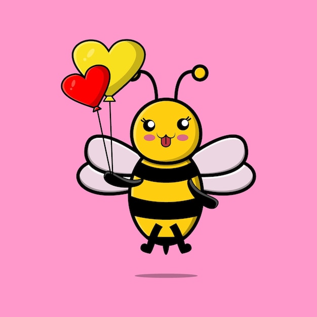 Cute cartoon bee floating with love balloon cartoon vector illustration