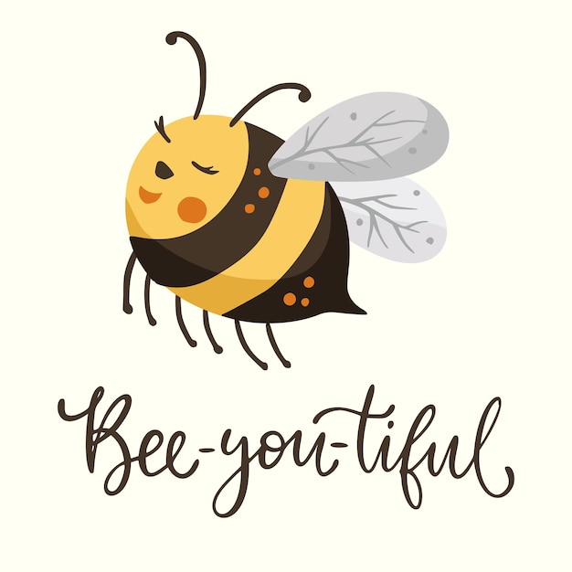 Cute cartoon bee illustration design with lettering funny quote