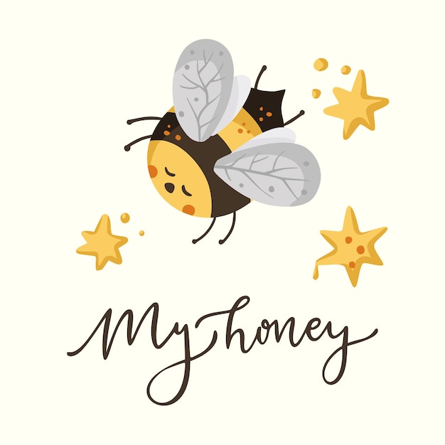 Cute cartoon bee illustration design with lettering funny quote