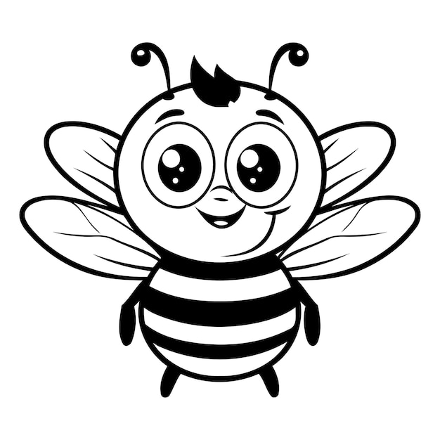 Cute cartoon bee isolated on white background Black and white vector illustration