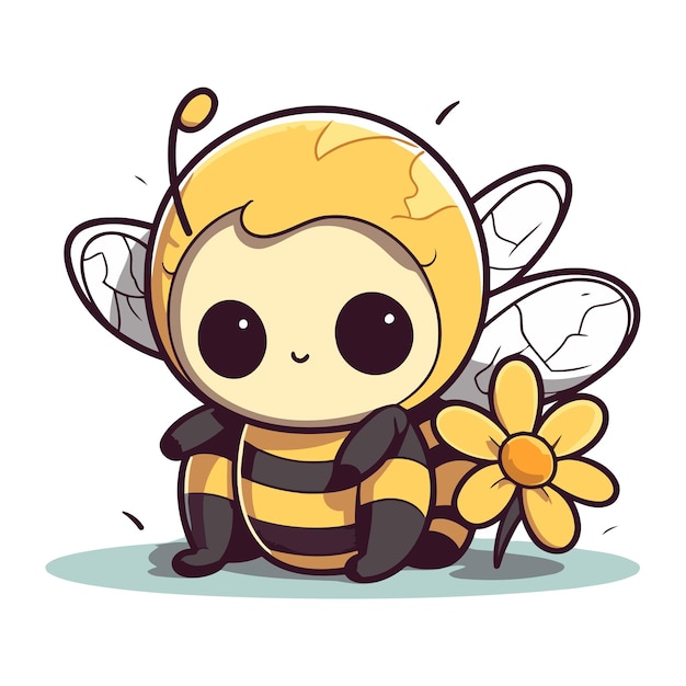 Vector cute cartoon bee with flower isolated on white vector illustration