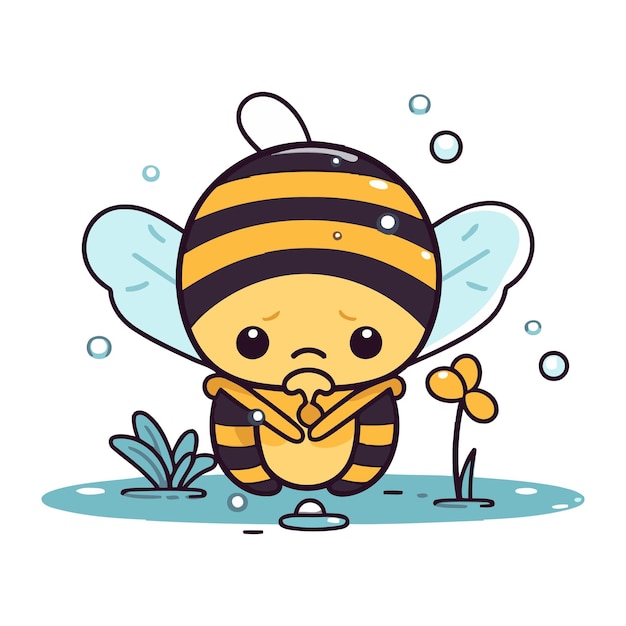 Vector cute cartoon bee with flower vector illustration of cute bee