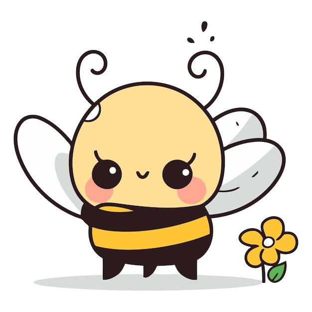 Vector cute cartoon bee with flower on white background