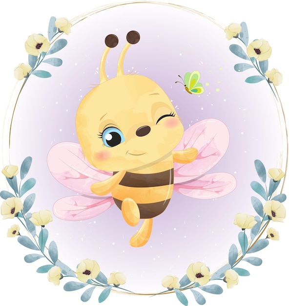 Vector cute cartoon bee with vector watercolor