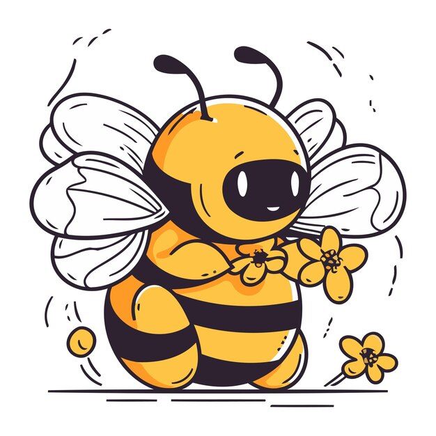 Vector cute cartoon bee with yellow flower vector illustration for your design