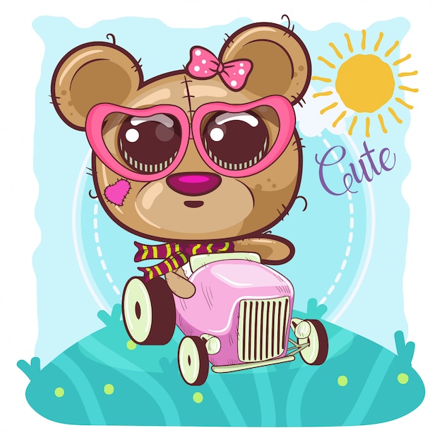 Cute cartoon beer meisje gaat op een auto - vector