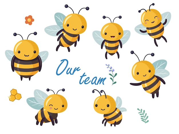 Симпатичные мультяшные пчелы символизируют командную работу и дружбу