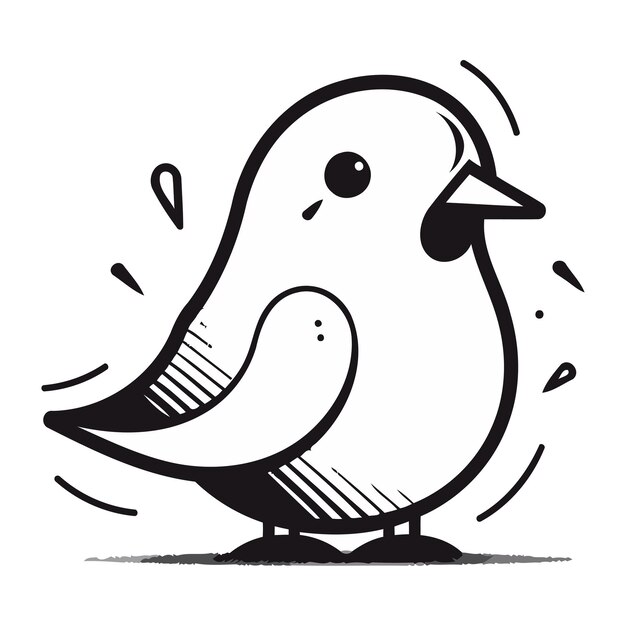 Cute cartoon bird Black and white vector illustration isolated on white background