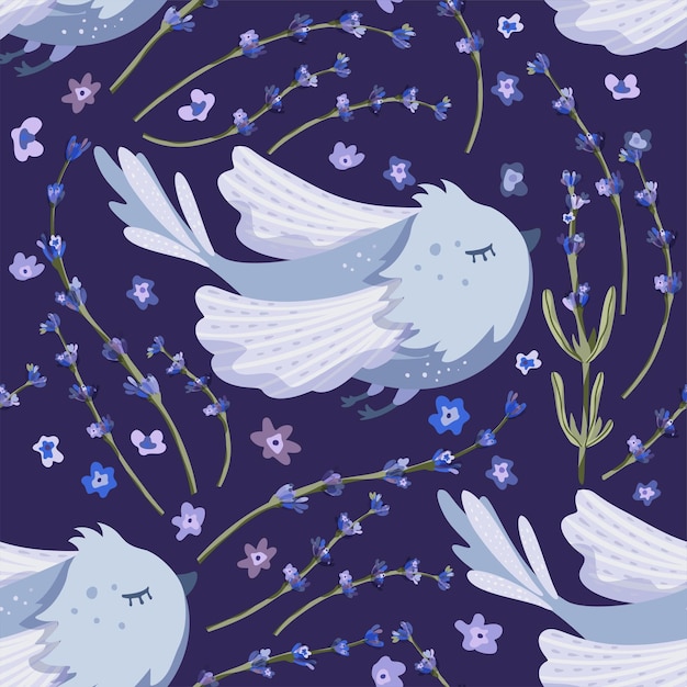 Cute cartoon bird and lavender violet flowers seamless pattern