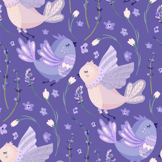 Cute cartoon bird and lavender violet flowers seamless pattern