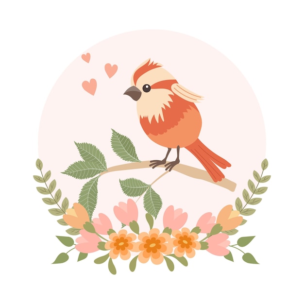 Cute cartoon birds on a branch in a flower frame Greeting card design spring illustration Vector