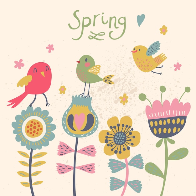 Cute cartoon birds on flowers in vector Stylish floral card