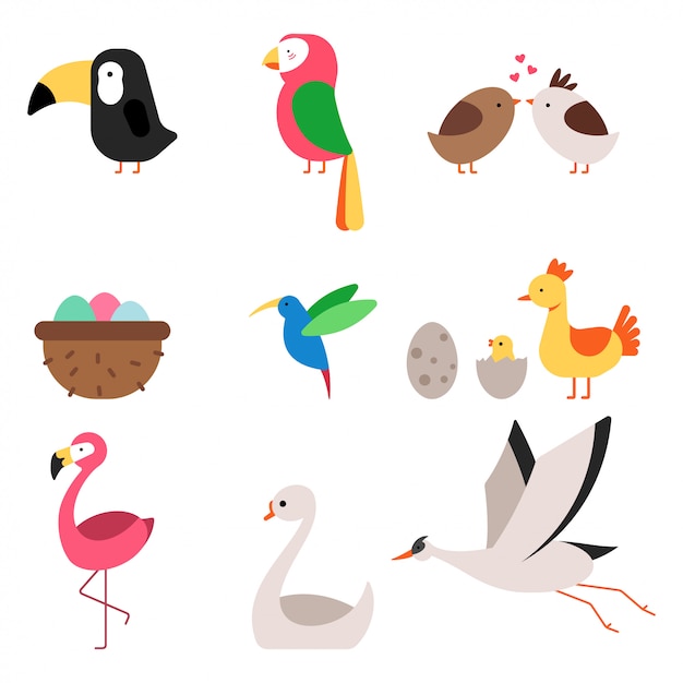 Cute cartoon birds vector flat icons set isolated on a white background.