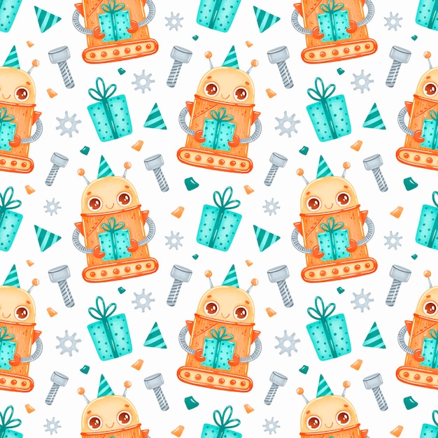 Cute cartoon birthday robots seamless pattern