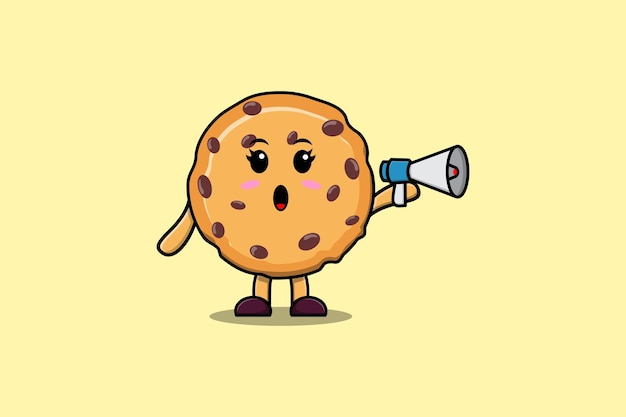Cute Cartoon Biscuits-personage spreekt met megafoon in 3D-cartoonstijlconcept