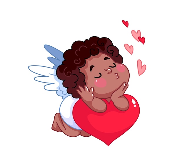 A cute cartoon black baby Cupid lies on big red heart Happy Cupid character in diapers with wings