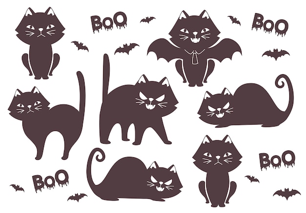 Cute cartoon black cat and bat halloween collection set character isolated