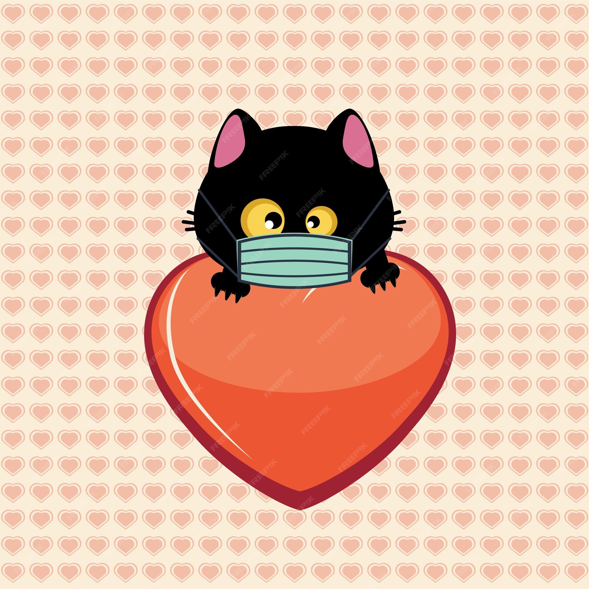 Two black cat head couple family icon red heart Vector Image