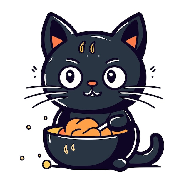 Cute cartoon black cat with bowl of food Vector illustration