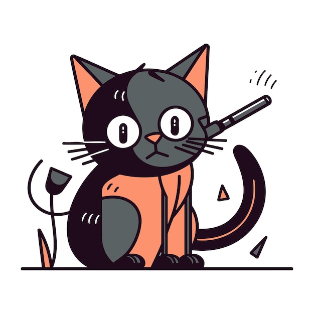 Cute cartoon black cat with a smoking pipe vector illustration