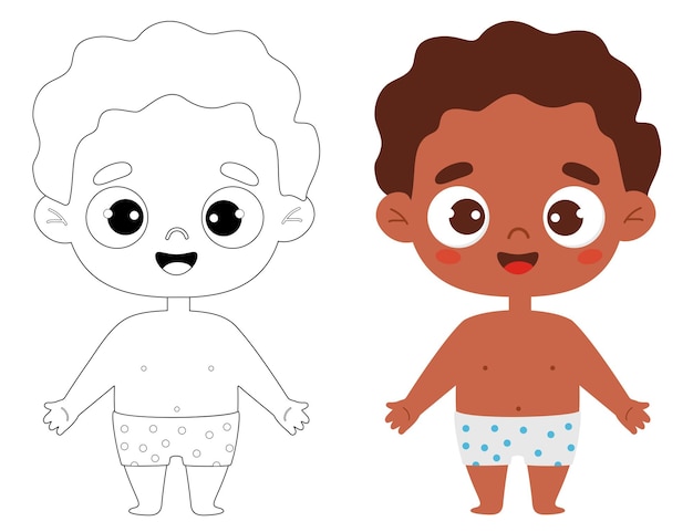 Vector cute cartoon black ethnic kid boy in shorts outline drawing coloring book and color drawing