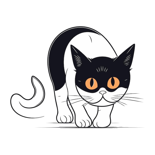 Cute cartoon black and white cat with big eyes Vector illustration