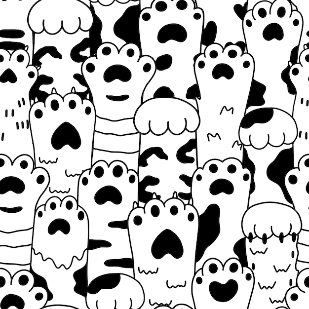 Cute cartoon black and white sketch paw pets seamless pattern