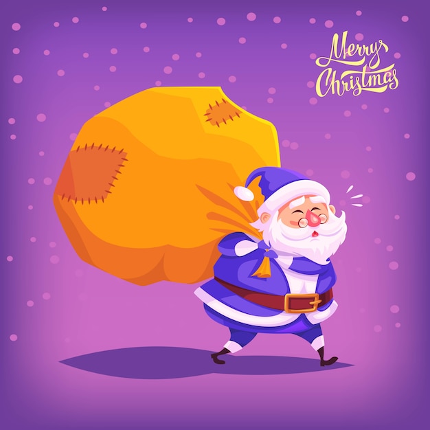 Cute cartoon blauw kostuum Santa Claus leveren van geschenken in big bag Merry Christmas illustratie