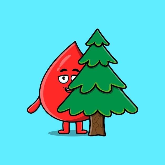 Cute cartoon Blood drop character hiding tree in flat modern design