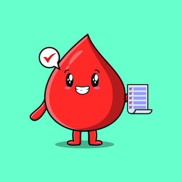 Cute cartoon blood drop character holding checklist note in concept flat cartoon style