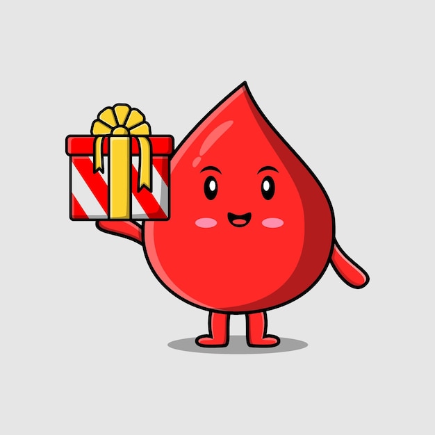 Cute cartoon blood drop character holding gift box in vector icon illustration