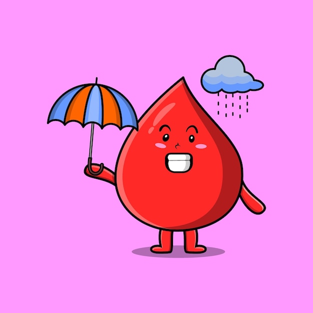 Vector cute cartoon blood drop character in the rain and using an umbrella in flat modern style design