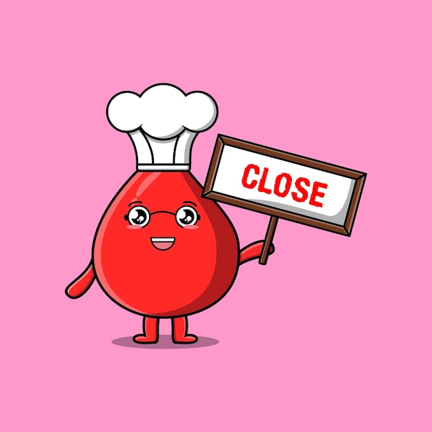 Cute cartoon blood drop chef hold close sign board