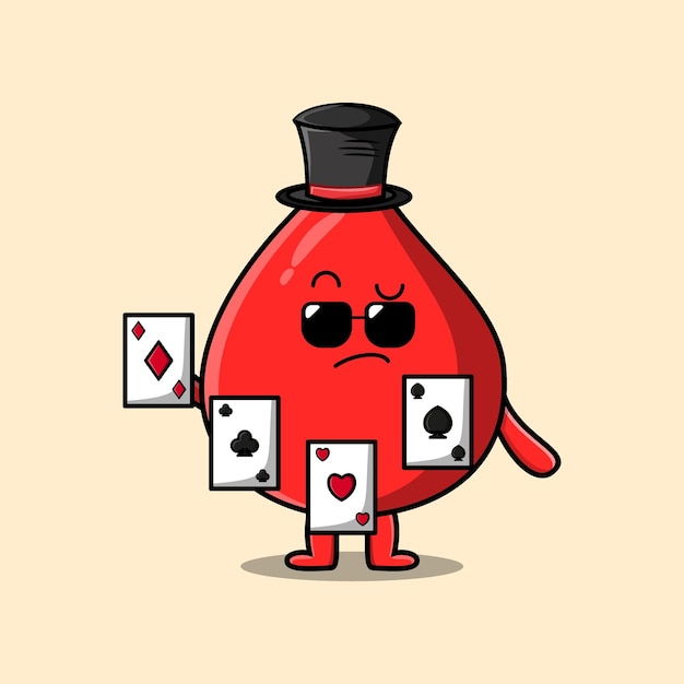 Vector cute cartoon blood drop magician character playing magic cards in flat cartoon style illustration