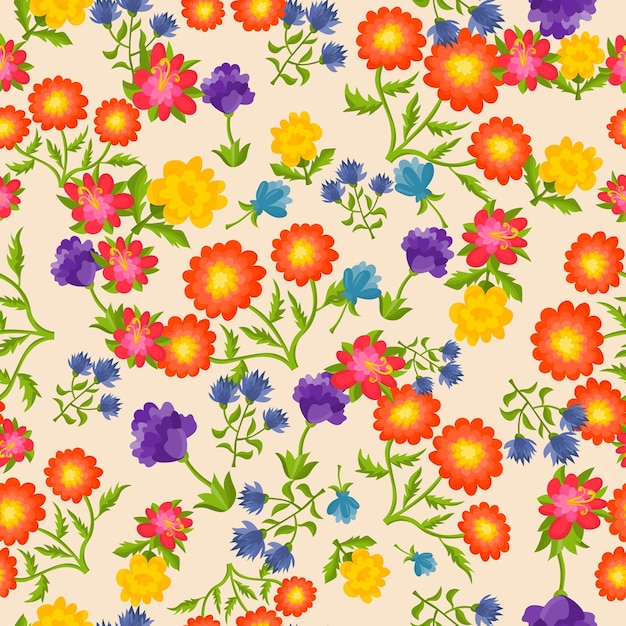 Cute cartoon blooming flowers in flat style seamless pattern