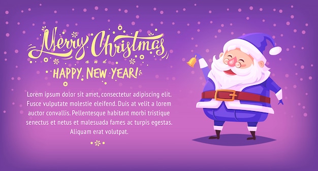 Campana di squillo di santa claus del costume blu del fumetto sveglio e insegna orizzontale sorridente dell'illustrazione di buon natale