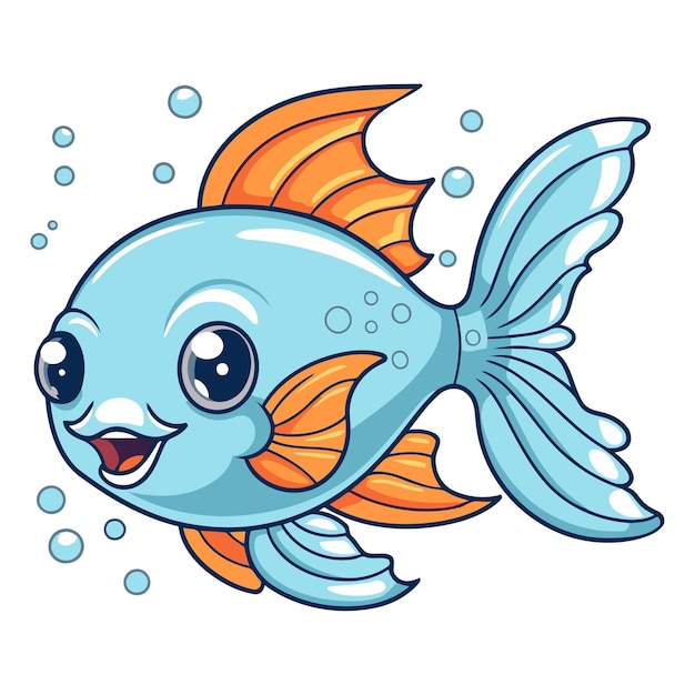 Cute cartoon blue fish isolated on white background