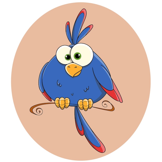 Милый мультяшный синий попугай с хохолком и красными крыльями Попугай ара Пухлая птичка