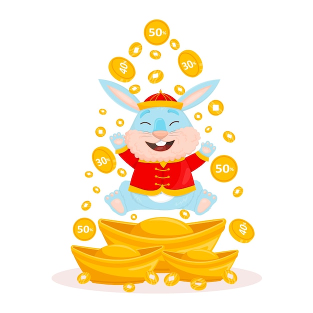 Vector cute cartoon blue rabbit in a national chinese costume is standing in the rain of money discounts and gold bars