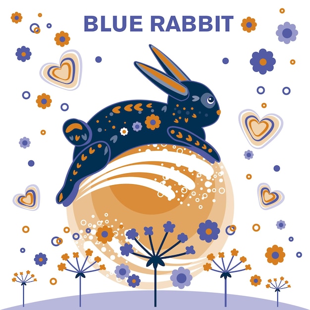 Cute cartoon blue rabbit with flowers