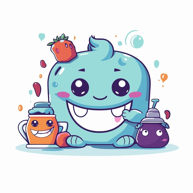 Cute cartoon blueberry character with jam jar vector illustration