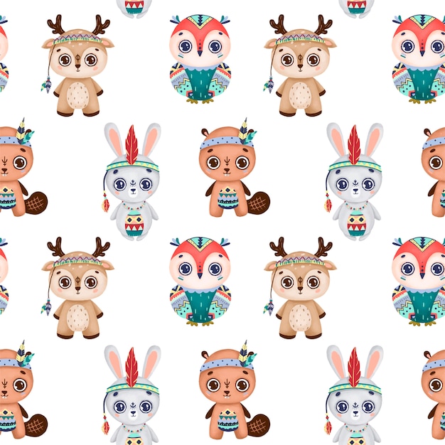 Cute cartoon boho animals seamless pattern