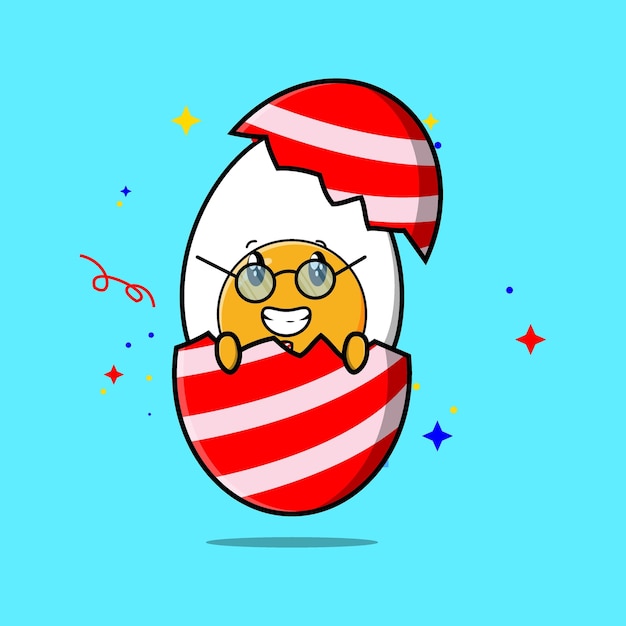 Cute cartoon boiled egg character coming out from easter egg look so happy in illustration