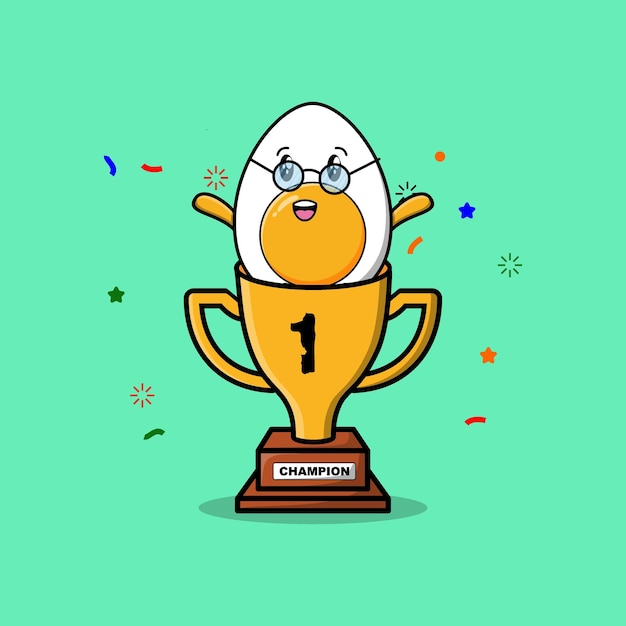 Cute cartoon boiled egg character in trophy