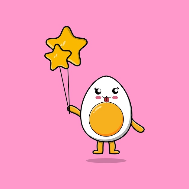 Cute cartoon boiled egg floating with star balloon