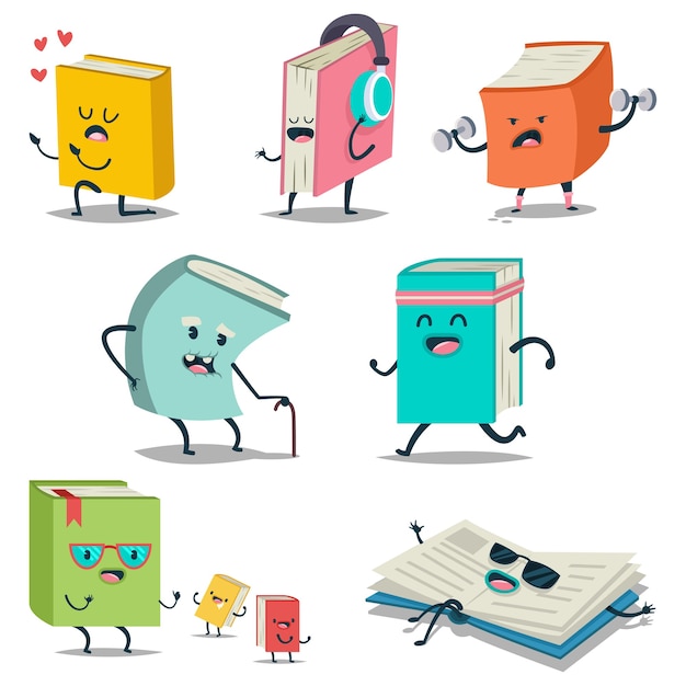 Cute cartoon book character with different emotions and in action icons set